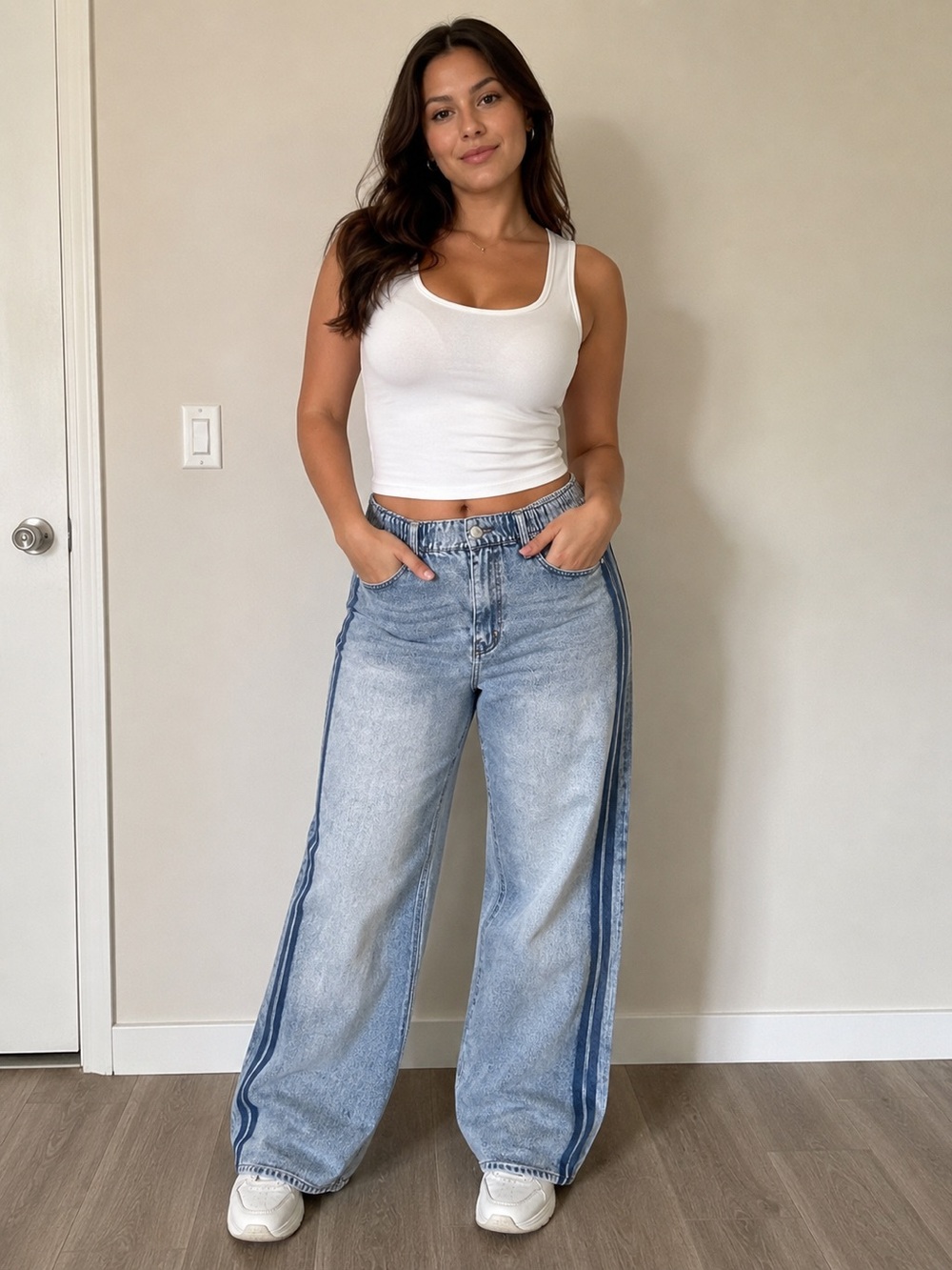 Wide Leg Washed Blue Jeans with Side Stripe(13)